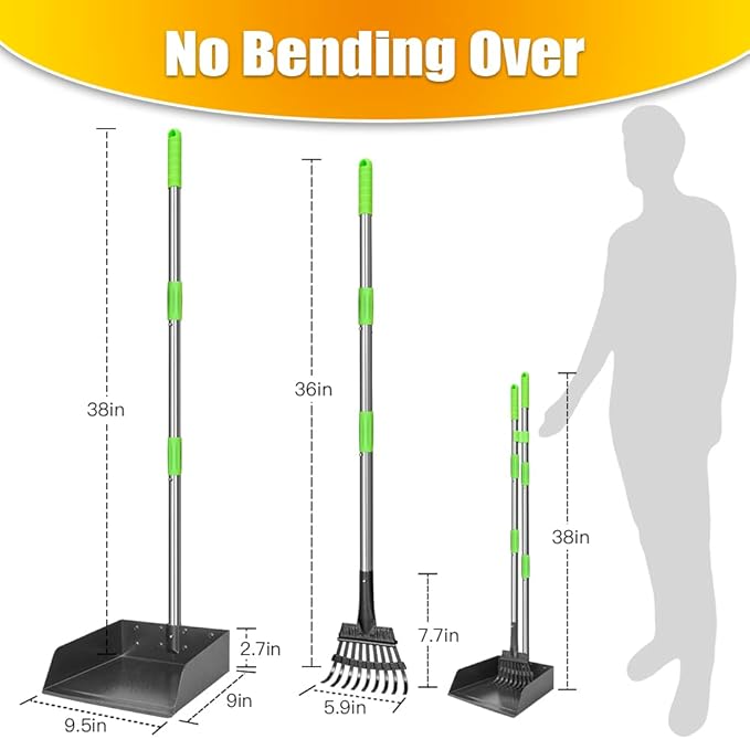 TOOGE Larger Pooper Scooper for Large Dogs, Dog Pooper Scooper Long Handle Stainless Metal Tray and Rake Set for Large Medium Small Dogs Heavy Duty (Green) (Extra Large)-Mewly Pet