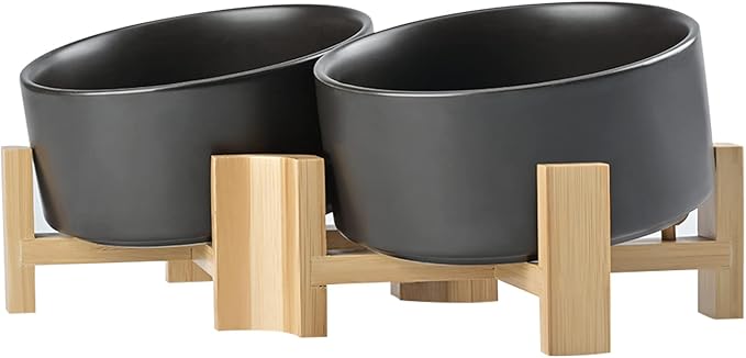 SPUNKYJUNKY 15° Slanted Ceramic Dog and Cat Bowl with Wooden Stand, Tilted Bulldog Food and Water Bowl No Slip Non-Spill for Cats Medium Dogs Big Face Pets 28.7 OZ (3.6 Cups, Black × 2)-Mewly Pet