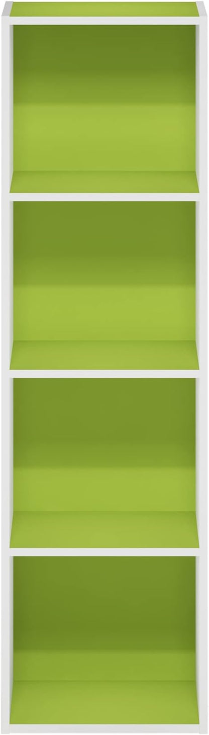 Furinno PASIR Book Shelf, 4-Tier Modern Bookshelf, Open Shelves Bookcase 9" x 12" x 42", for Living Room, Bedroom, Home Office, Green/White