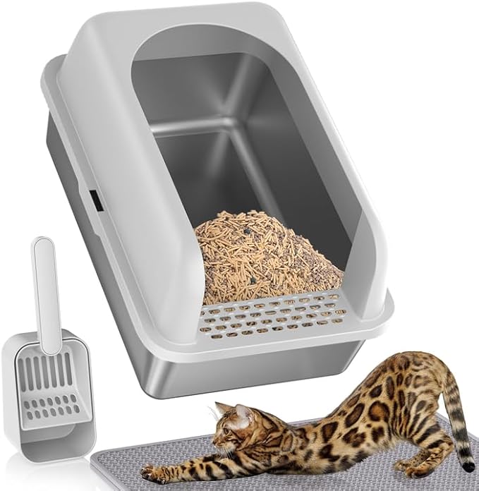 Stainless Steel Litter Box with Lid, Metal Litter Box with Cat Litter Mat,Extra Large Enclosed Cat Litter Boxes for Multiple Cats, Anti-Leakage,Non-Stick, Easy to Clean, Included Mat, Scoop-Mewly Pet