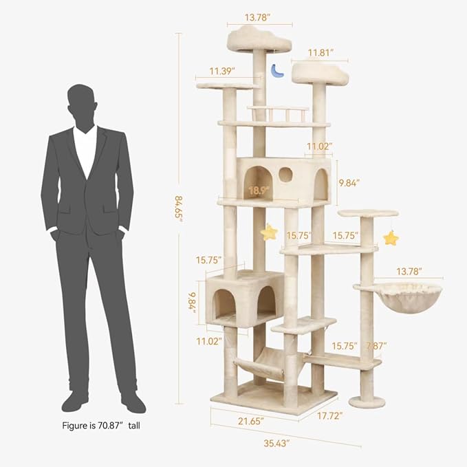 85inch Heavy Duty Cat Tree for Indoor Cats Large Adult, Tall Giant Cat Tower with Scratching Post, Large Perches, Cozy Cat Condos & Hanging Hammocks, Beige-Mewly Pet