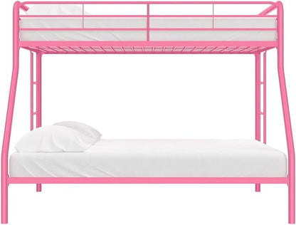 DHP Dusty Metal Bunk Bed Frame, Twin-Over-Full for Kids, Teens, Adults, Angled Ladder, Guardrail, No Boxspring, Small Spaces, Pink