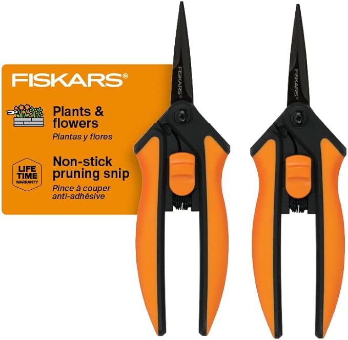 Fiskars 6" Pruning Scissors (2-Pack) for Flowers, Buds, Weeds and Small Plants, Garden Snips with Resin Resistant Nonstick Stainless Steel Blades, Gardening Trimmers with Comfortable Handle-Mewly Pet