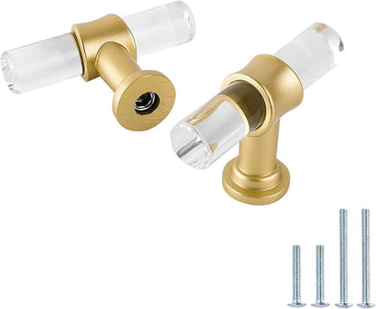 LONTAN 50 Pack Acrylic Kitchen Cabinet Knobs Gold Drawer Knobs Modern T Bar Clear Cabinet Door Handles White Kitchen Hardware for Dresser Bathroom,Zinc Alloy Base