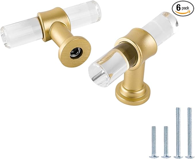 LONTAN 6 Pack Acrylic Kitchen Cabinet Knobs Gold Drawer Knobs Modern T Bar Clear Cabinet Door Handles White Kitchen Hardware for Dresser Bathroom,Zinc Alloy Base
