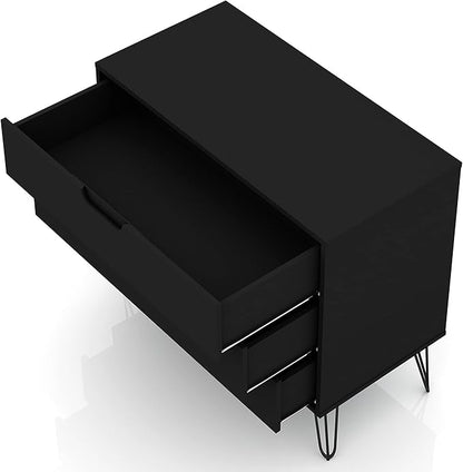 Manhattan Comfort Rockefeller 3 Drawer Dresser for Bedroom Storage, Closet, Living Room, Entryway, TV Stand for Screens up to 32 Inches, Anti-Tip Kit Included, Set of 2, Black