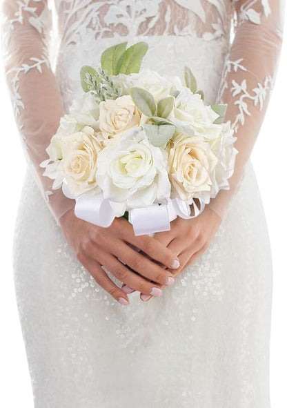 Artificial Rose Wedding Bouquet - Ribbon Decor for Bride & Bridesmaid