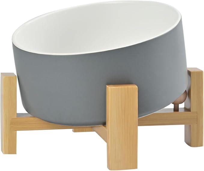 SPUNKYJUNKY 15° Slanted Ceramic Dog and Cat Bowl with Wooden Stand, Tilted Bulldog Food and Water Bowl No Slip Non-Spill for Cats Medium Dogs Big Face Pets 28.7 OZ (3.6 Cups, White-Grey)-Mewly Pet