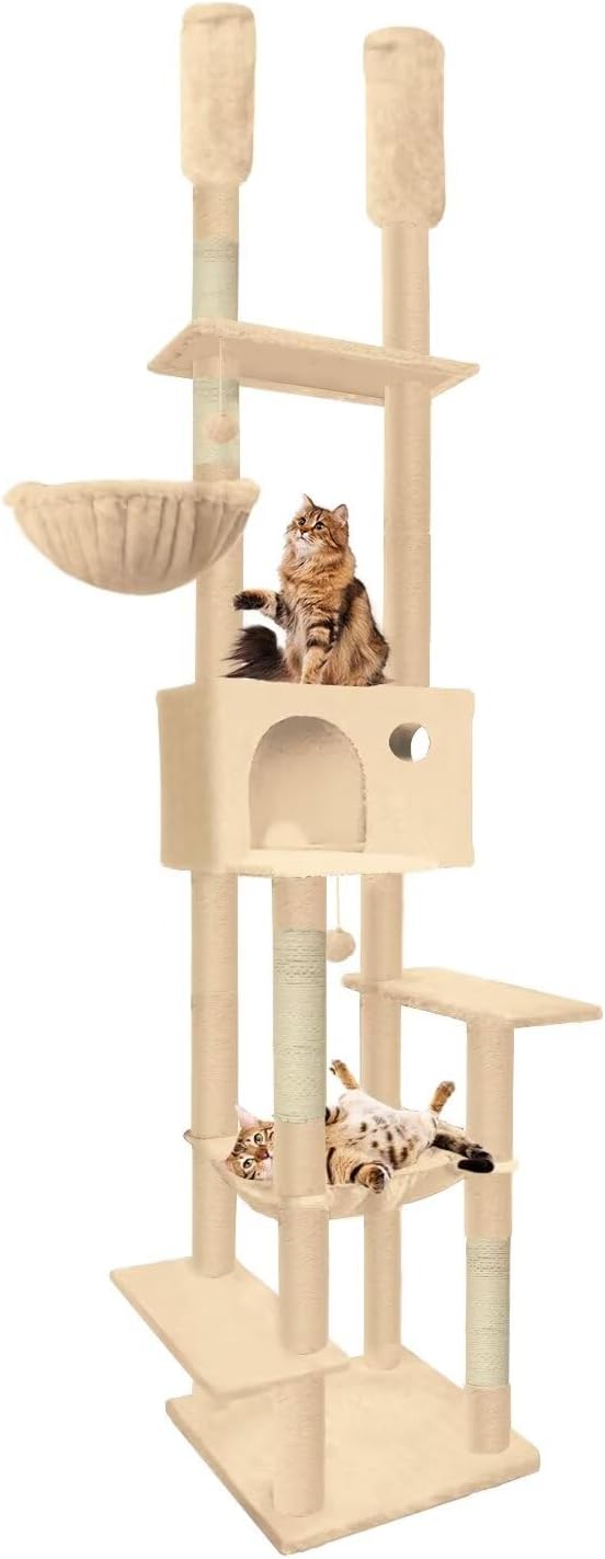 96.5"-108" Cat Tree Floor to Ceiling 7-Tier Cat Tower Adjustable Height with Scratching Posts, Cozy Hammock, Cat Condo for Indoor Cats(Beige)-Mewly Pet
