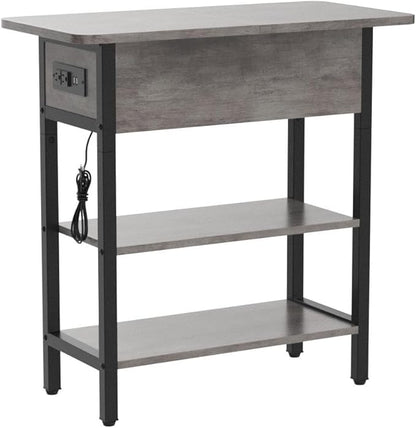 Yoobure End Table with Charging Station, Flip Top Side Table with USB Ports and Outlets, Sofa Couch Table Bedside Table for Living Room Bedroom, Narrow Nightstand with Storage Shelves for Small Space