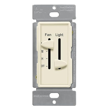 ENERLITES 3 Speed Ceiling Fan Control and LED Dimmer Light Switch, Light and Fan Combination Switch, Single Pole, 2.5A, 300W Incandescent, No Neutral Wire Required, 17001-F3-LA-F, Light Almond