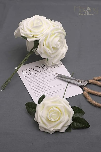 MACTING Artificial Flower Roses 30PCS Real Looking Fake Roses with Stem Ivory Foam Flowers for DIY Wedding Flower Bouquets Table Centerpieces Party Baby Shower Home Spring Mothers Day Decorations