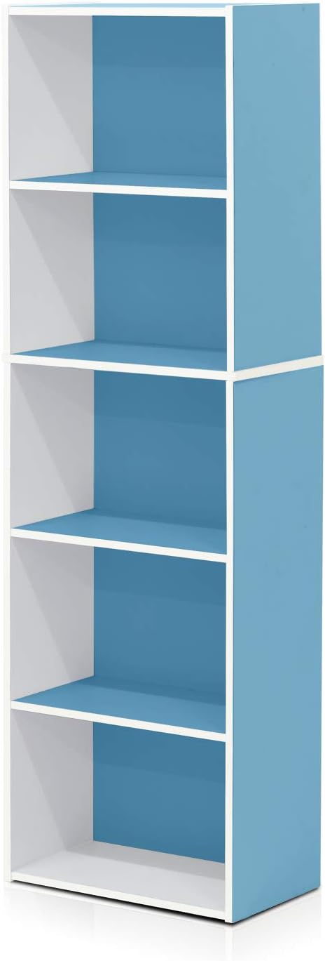 Furinno LUDER Book Shelf, 5-Tier Bookshelf, Bookcase, 9.4" x 15.8" x 52", for Living Room, Bedroom, Home Office, White/Light Blue