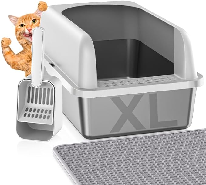 Stainless Steel Litter Box with Lid, Metal Litter Box with Cat Litter Mat,Extra Large Enclosed Cat Litter Boxes for Multiple Cats, Anti-Leakage,Non-Stick, Easy to Clean, Included Mat, Scoop-Mewly Pet