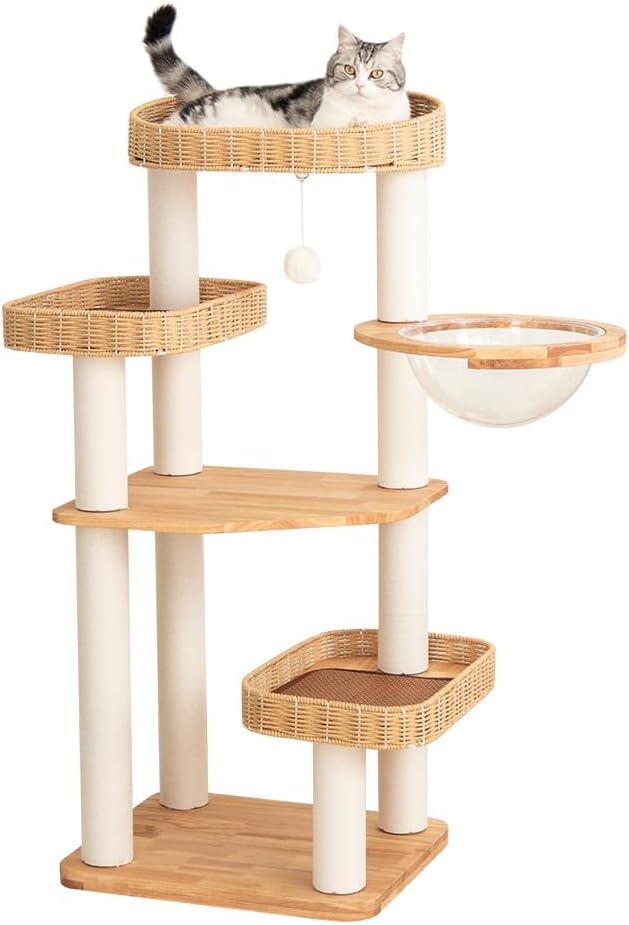 48'' Cat Tree for Large Cats, Modern Cat Tree Multi-Level Condo with Natural Wood, Cat Activity Centre for Medium and Big Pets (White LS02)-Mewly Pet