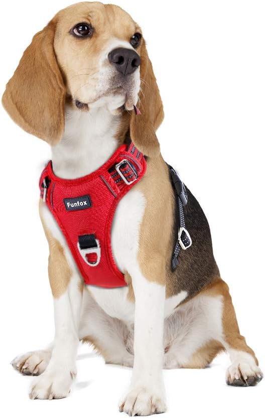 Funfox Dog Harness No Pull, Adjustable Pet Vest Harness, Super Soft Material with Vertical Handle Easy Control, Reflective Night Walking, 2 Leash Clips for Medium Sized Dogs, Red, M-Mewly Pet