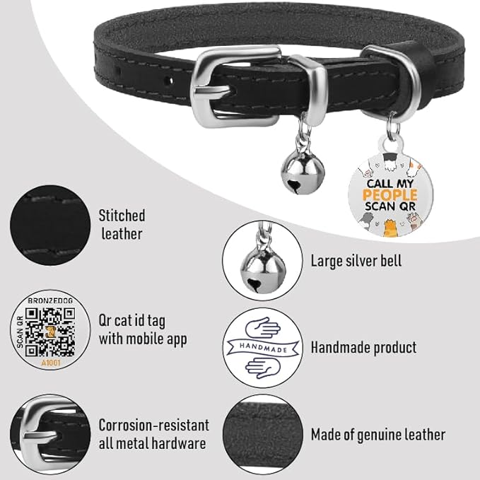 BRONZEDOG Leather Cat Collar with Removable Bells Non Breakaway Kitten QR Tag for Girl Boy (9" - 12" Cats/Mini Dogs, Black & Silver)-Mewly Pet