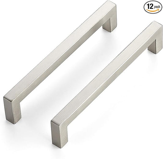 JOY DECOR 12 Pack Cabinet Handles, Brushed Nickel Cabinet Pulls, 6-1/4 Inch Kitchen Closet Handles Square Drawer Pulls Stainless Steel Drawer Hardware, 160mm Hole Centers