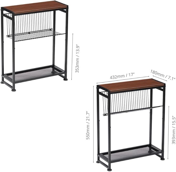 Small Side Table for Small Spaces - Slim End Table with Magazine Holder - 2 in 1 Design Narrow End Table Living Room - Skinny Bedside Table Nightstand Bedroom Thin Side Table, Cherry