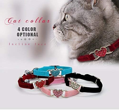 CHUKCHI Pink Soft Velvet Safe Cat Adjustable Collar with Crystal Heart Charm and Bells 8-11 Inches(Black+Red+Pink+Blue)-Mewly Pet