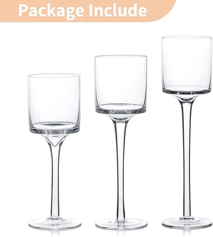 NUPTIO Tealight Candle Holders Glass: Set of 3 Long Stemmed Candle Stands for Dinner Table Centerpiece - Monet Candleholders Pillar Floating Candles