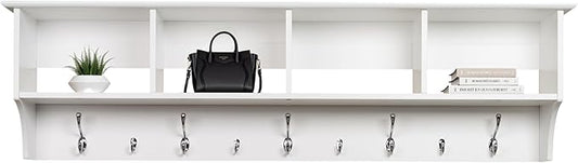 Prepac 60" Contemporary Wall Mounted Coat Rack, Coat Hooks Wall Mount with 4 Shelves, Ideal for Hallway or Entryway Storage Solution, 11.5"D x 60"W x 16.5"H, White