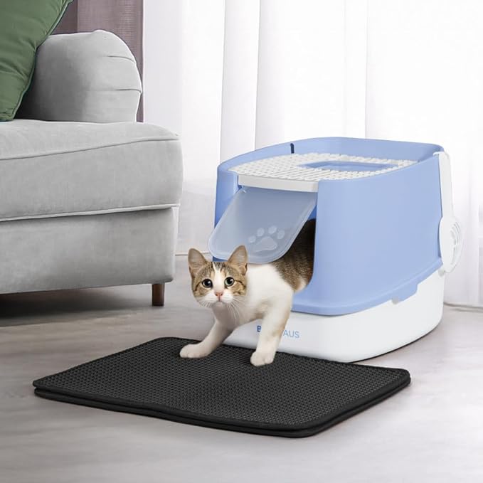 Fully Enclosed Cat Litter Box w/Lid, Scoop, Cat Mat & Odor Fitter, Large Plastic Cat Toilet with Double Door, Anti-Splashing Cat Litter Box with Lockable Front Door, Blue-Mewly Pet