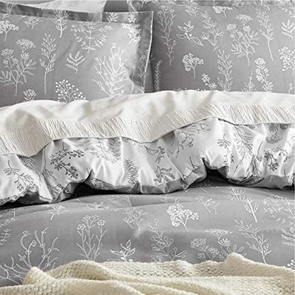 Bedsure Queen Comforter Set - Grey Bed Set, 3 Pieces Cute Floral Bedding, 1 Soft Reversible Botanical Flowers Comforter and 2 Pillow Shams