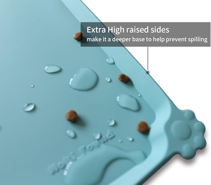 Hoki Found L Silicone Non Slip Pet Food Tray - Dog Cat Bowl Mats - Waterproof Dog Cat Food Mats for Carpet - Light Turquoise-Mewly Pet