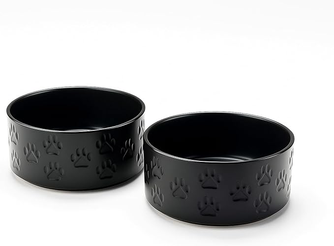 SPUNKYJUNKY Ceramic Dog and Cat Bowls 2 Pack, 6.1'' Dog and Cat Food Water Double Feeding Bowls Non-Slip for Large Sized Breed Microwave Dishwasher Safe - 28.7 OZ, 2pcs, Paw Black-Mewly Pet