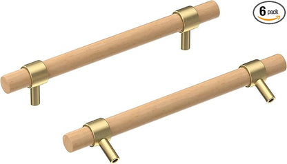 Wooden Drawer Pulls,6-Pack Beech Wood Drawer Handles 6.3in,Suitable for Kitchen, Living Room, Bedroom, Bathroom and Other Scenes,Gold