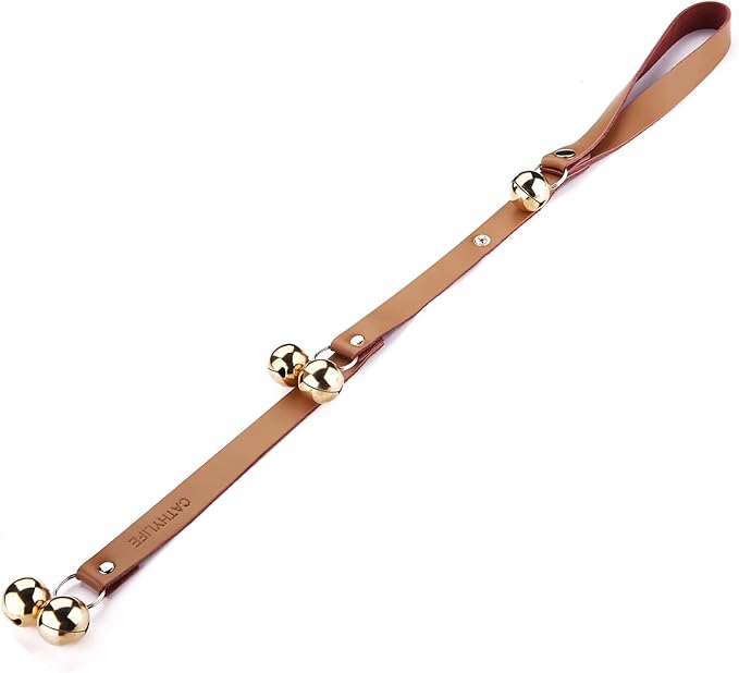 Leather Dog Doorbells for Door Knob/Potty Training/Go Outside, Length Adjustment Copper Dog Bell, Housetraining Hanging Bell, Brown Leather Golden Bells.-Mewly Pet