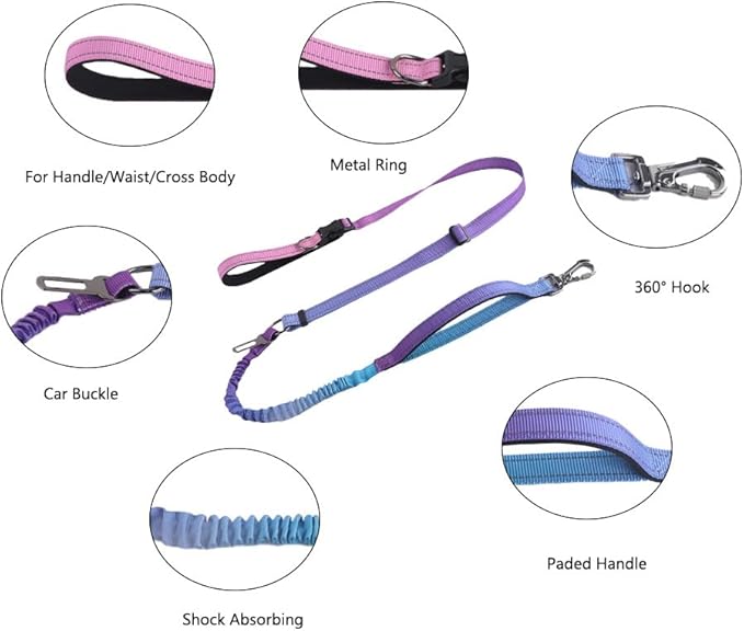 Hands Free Dog Leash for Large Medium Dogs Heavy Duty Bungee Reflective Adjustable Waist Leashes for Walking Running with Car Buckle 4-6FT (Purple)-Mewly Pet