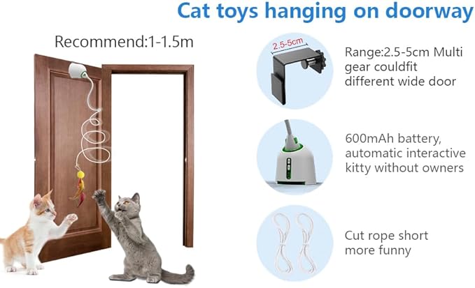 Cat Toys Hanging Door Electric and Moving Ball, Cats Toy Interactive for Indoor for Bored Feather Toys Kitten Rechargeable Door Hanging Automatic Retractable String（White）-Mewly Pet