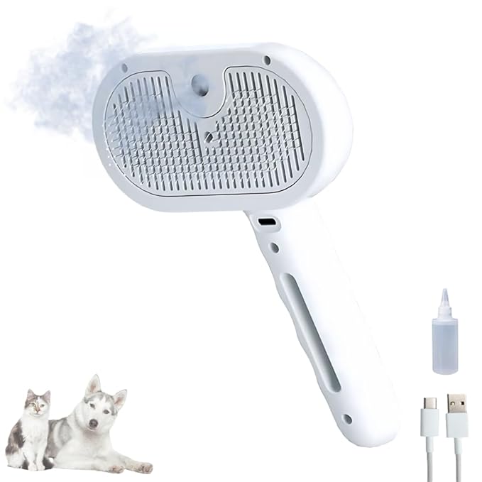 Pet Steam Brush for Cats Dogs, 3-in-1 Cat Grooming Tool with Water Spray and Quick Hair Release Button, Hair Removal Comb for Shedding, Steamy Brush (White)-Mewly Pet