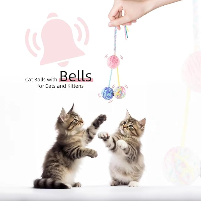 TUSATIY 9PCS Cat Ball Toy, Multi-Colored Cats Fuzzy Balls & Woolen Yarn Kitten Toys Balls with Bell Inside,Soft Interactive Cat Toys for Indoor Cats Self Play-Mewly Pet