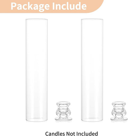 NUPTIO Taper Candle Holders Glass: Set of 2 Clear Hurricane Candlestick Holder - Fluted Candles Stick Stand with Tall Windproof Cylinder Cover for Thanksgiving Christmas Decor