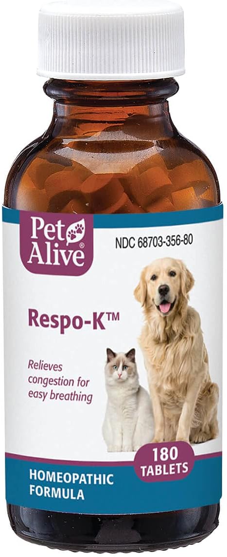PetAlive Respo-K Tablets - Natural Homeopathic Formula for Pet Respiratory and Cold Symptoms - Reduces Sneezing, Coughing Watery Eyes, Runny Nose and Congestion in Dogs and Cats - 180 Tablets-Mewly Pet