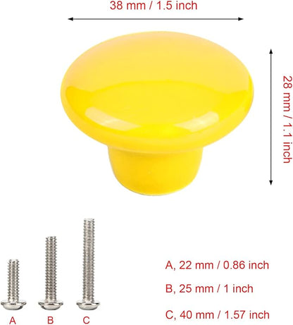 HUAMULAN 15PCS Yellow Glossy Ceramic Knobs Button Round Mushroom Cabinet Dresser Vintage Pulls Door Handles Cupboard Wardrobe Drawer, Dia. 1.5 inch (38mm)