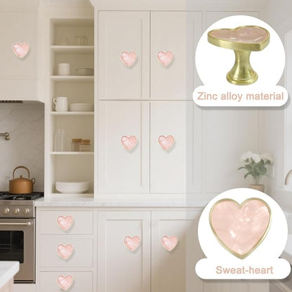 6 Pcs Brass Knobs Drawer Pulls Handles Heart-Shaped Gold Cabinet knobs, Suitable for Bathroom Drawer Kitchen Door Pulls Handles Heart-Shaped Handles (Pink)