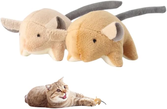 Plush Catnip Mice Toys with Crinkle Sound - 2 Pcs Interactive Cat Toys for Indoor Cats, Durable Stress Relief Eco-Friendly Small Mouse Chew Playthings（Camel+ Chestnut Color）-Mewly Pet