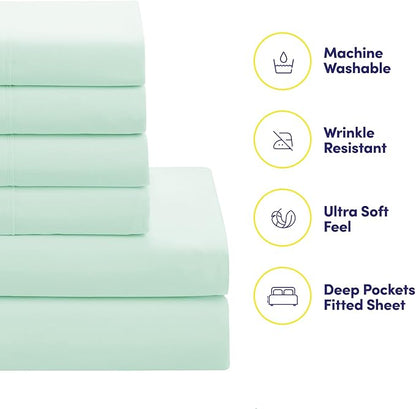 Sweet Home Collection 7 Piece Comforter Set Bag Solid Color All Season Soft Down Alternative Blanket & Luxurious Microfiber Bed Sheets, Mint, Twin