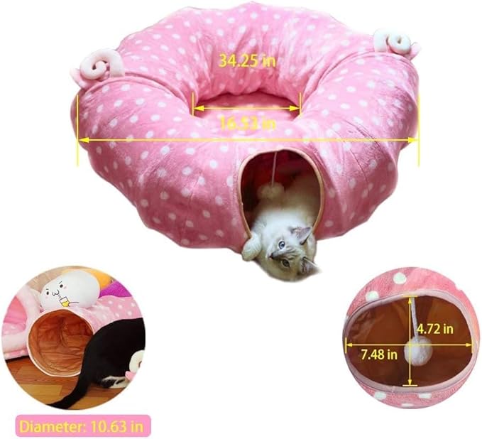 AUOON Cute Cat Donut Tunnel - Round Cat Tunnel Bed with Washable Cushion Interactive Cat Toy for Indoor Cats Kitten Kitty Puppy Rabbit Ferret (Pink)-Mewly Pet
