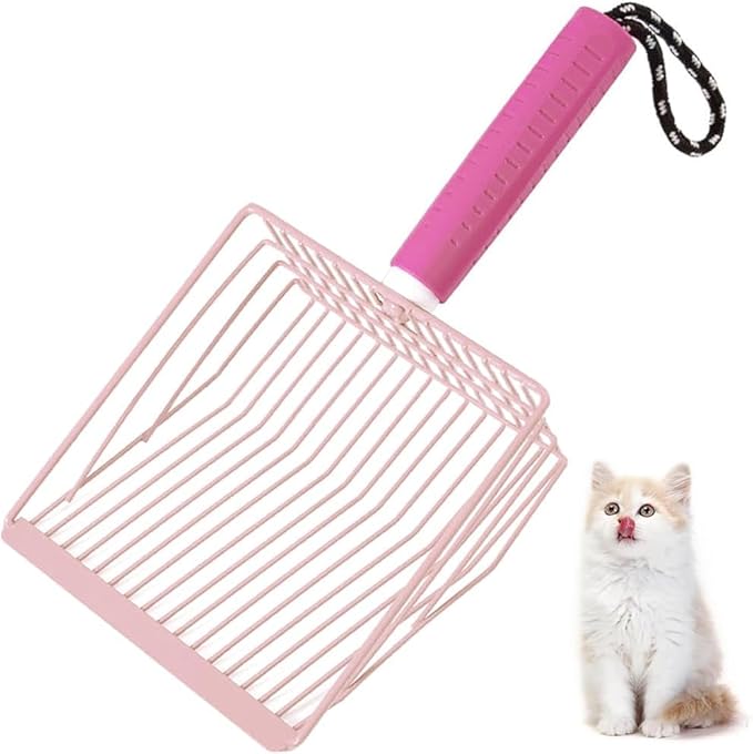 Cat Litter Scoop, 2-in-1 Detachable Ergonomic Handle, Metal, Bar Grid Shape with Suspendable Cord (Pink)-Mewly Pet