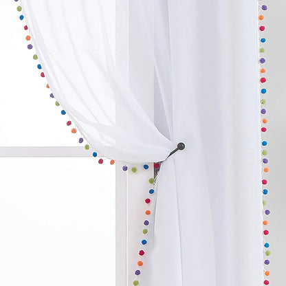 Treatmentex White Sheer Curtains Multi Colorful Pom Pom Sheer Drapes 63" inches Long Window Draperies for Nursery Room Bed Canopy 2 Panels Rod Pocket