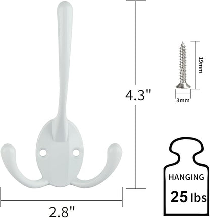 IBosins 6 Pack Big Heavy Duty Three Prongs Coat Hooks Wall Mounted with 12 Screws Retro Double Utility Rustic Hooks for Thick Coat, Big Heavy Bags (White)