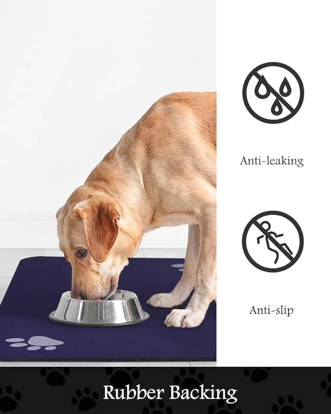Pet Feeding Mat-Absorbent Dog Mat for Food and Water Bowl-No Stains Quick Dry Water Dispenser Mat-Dog Accessories Pet Supplies-Bowl for Messy Drinkers（Navy,12"x19"-Mewly Pet