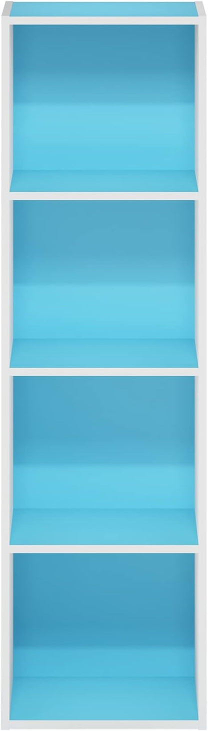 Furinno PASIR Book Shelf, 4-Tier Modern Bookshelf, Open Shelves Bookcase 9" x 12" x 42", for Living Room, Bedroom, Home Office, Light Blue/White