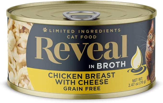 Reveal Natural Wet Cat Food, 24 Count, Grain Free, Limited Ingredient Canned Food for Cats, Chicken Breast with Cheese in Broth, 2.47 oz Cans-Mewly Pet