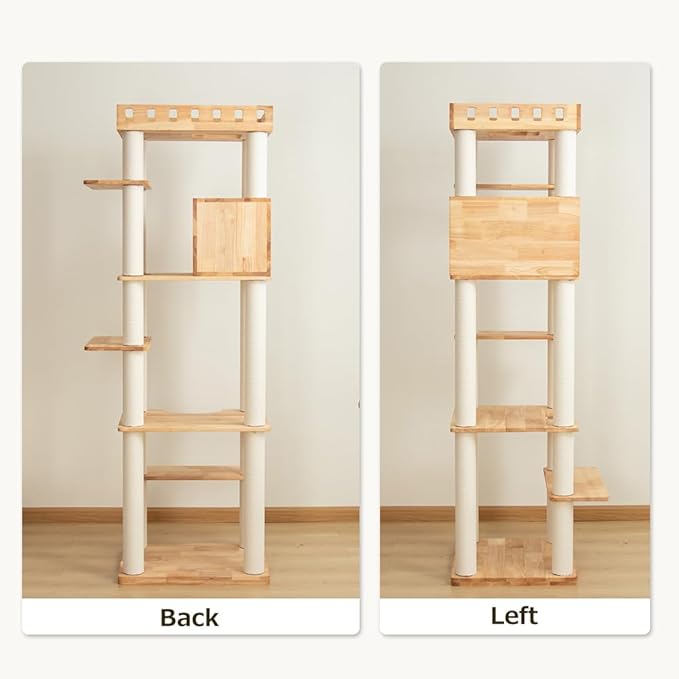 74" Wooden Cat Tree Tower for Large Cats, Multi-Level Cat Climbing Furniture with Scratching Posts, Cat Condo & Hammock, Natural Wood Cat Activity Center (White)-Mewly Pet